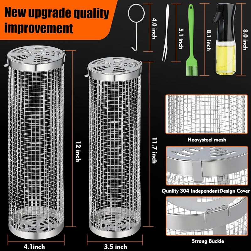 Ossaag 10-Piece BBQ Set: 2 Rolling Grill Baskets for Effortless Flipping, 304 Stainless Steel for Easy Clean, Sausage & Vegetables, Oil Bottle, Forks, Brushes, Outdoor Camping Grilling Accessories, Gifts for Men Dad Husband - Image 2